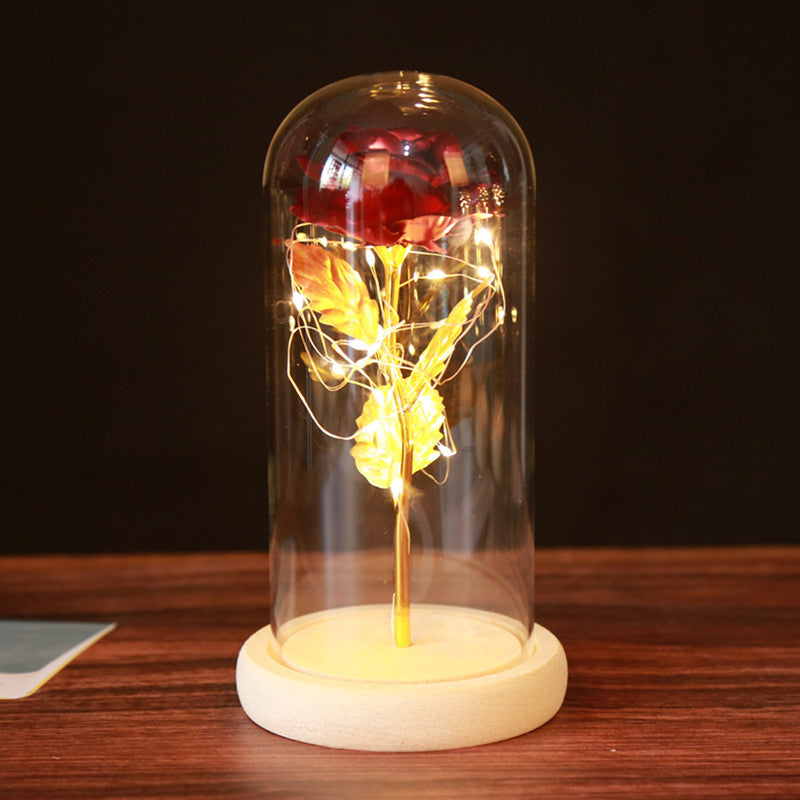 Rose Artificial Flower LED Light Up Glass Dome Wood Base