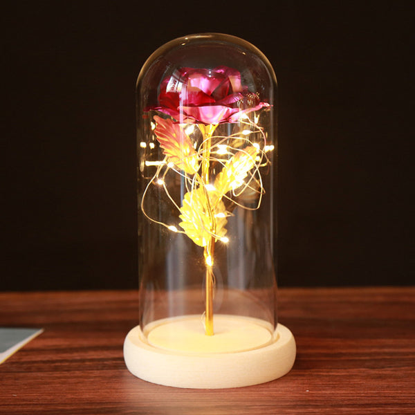 Rose Artificial Flower LED Light Up Glass Dome Wood Base