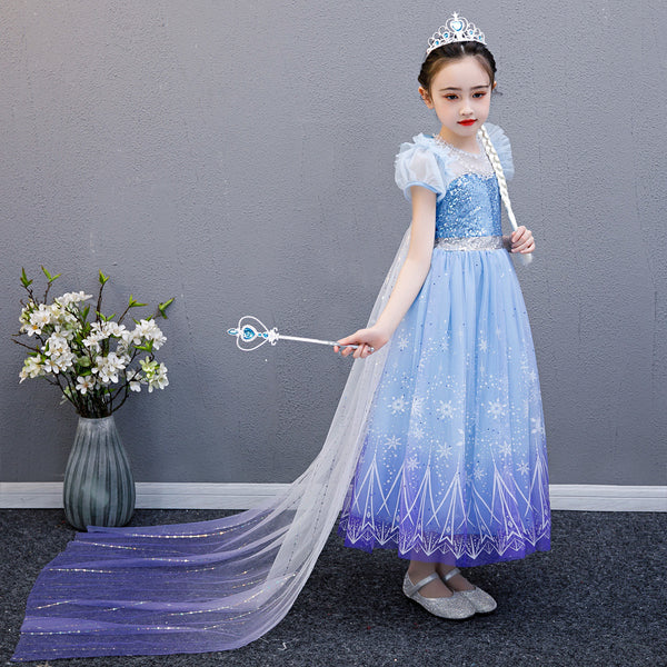 Elsa Princess Dress with Cape Short Sleeve (option necklace)