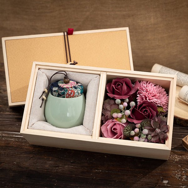 Artificial Flower and Scented Candle Wooden Gift Box