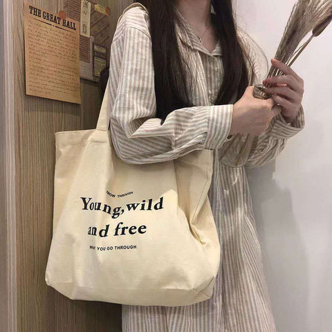 Canvas Tote Bag - Young, wild and free (red/blue print)